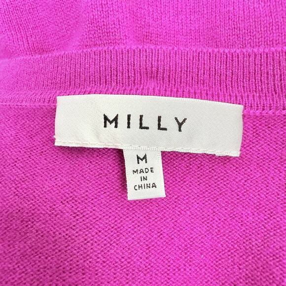 Milly Merino Wool Cardigan Sweater Women Medium Bright Pink Preppy V Neck Studs - Picture 6 of 12